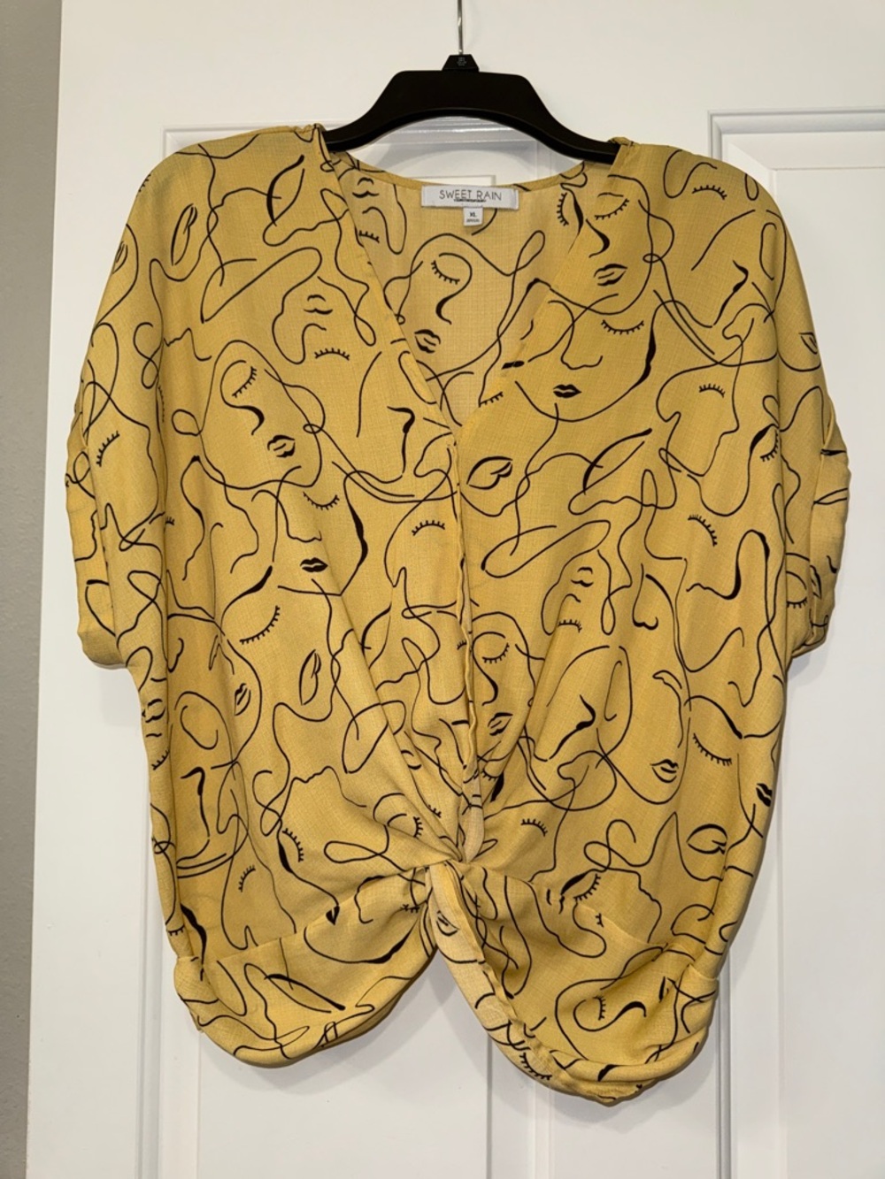 Yellow Abstract Face Knot-Front Top